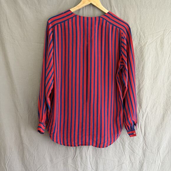 Oleg Cassini Vintage Red and Blue Striped Silk Long Sleeve Button Up‎ Top Size 8 - Picture 7 of 16